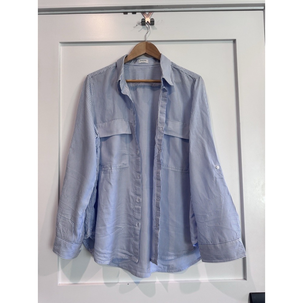 Babaton Aritzia Shirt Large Blue White Seersucker Pin Striped Utility Relaxed